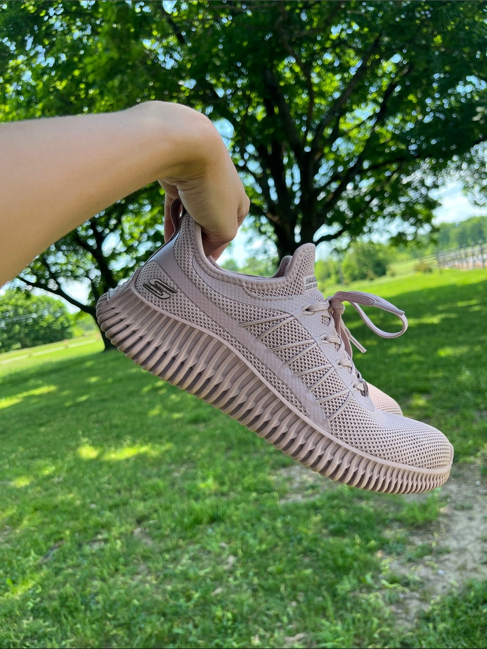 Skechers Women's Blush Pink Knit Lace-Up Sneakers - Picture 5 of 9